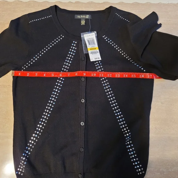 Top Knits Deep Black Sequin Button Front Cardigan Sz M NWT - Picture 3 of 6